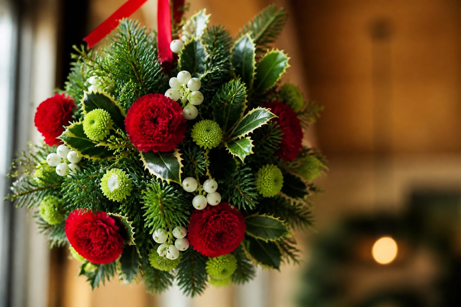 Christmas kissing ball accented with fresh cut flowers including carnations and snowberries