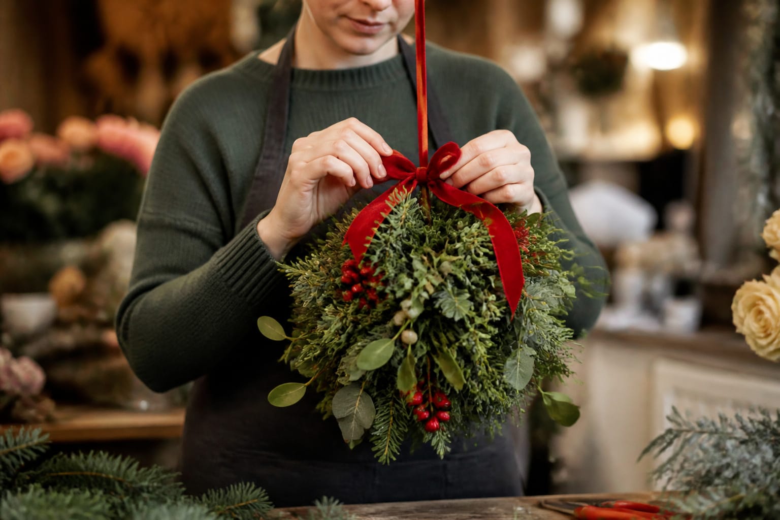 Florist tying a ribbon bow onto a finished evergreen Christmas kissing ball in the shop