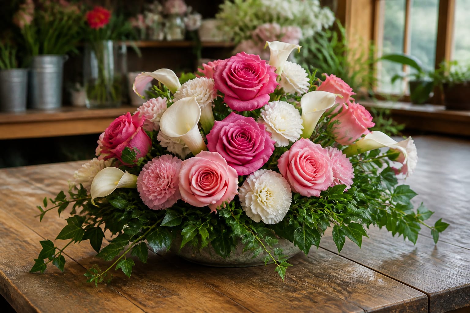 Foam-free front-facing rose and calla lily arrangement in a shallow dish