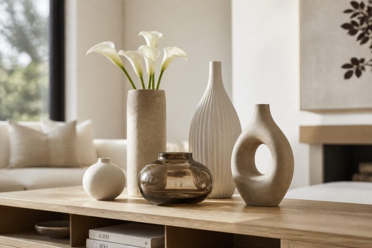 Contemporary decorative vases styled together on a console table