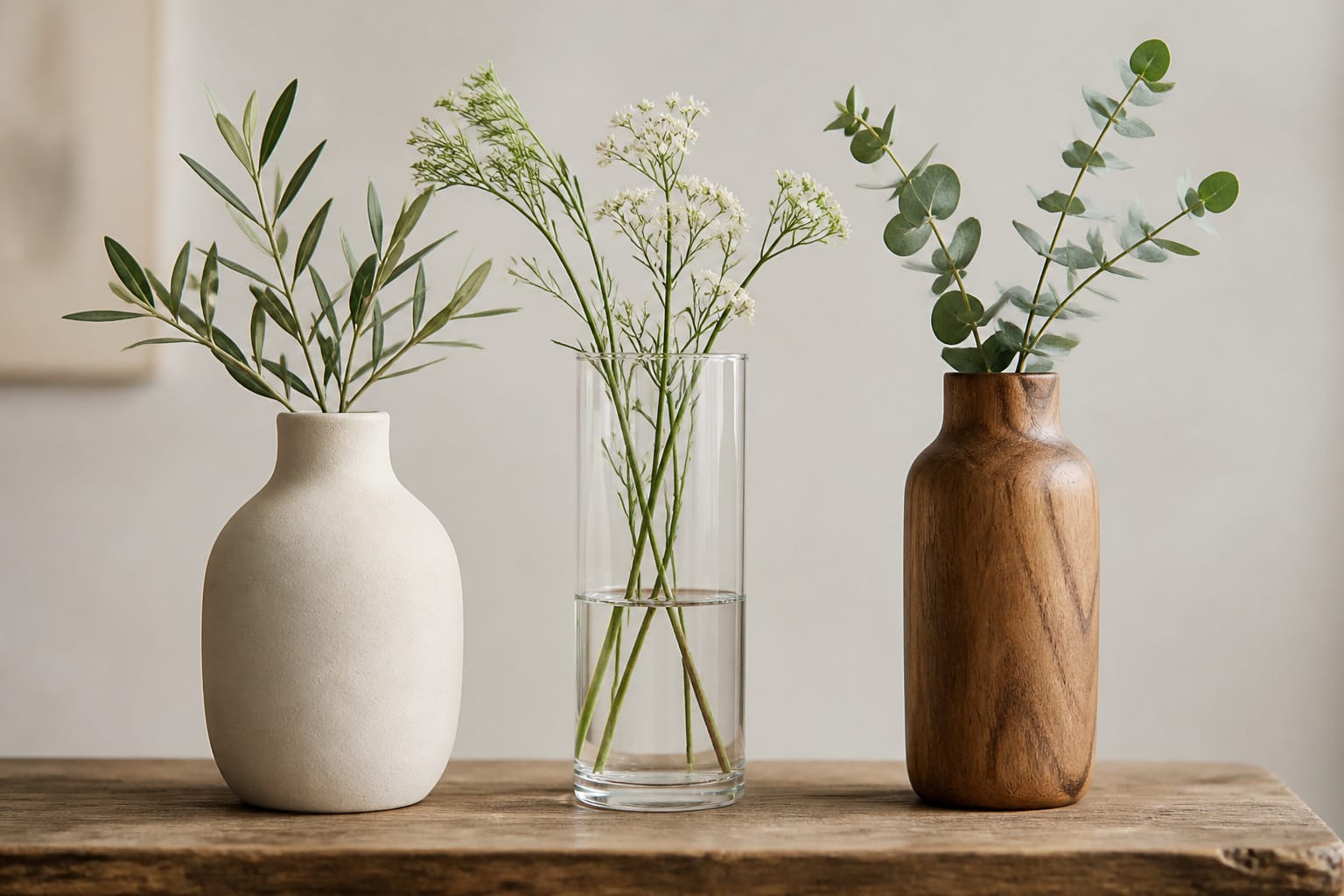 Ceramic, glass, and hardwood vases compared side by side