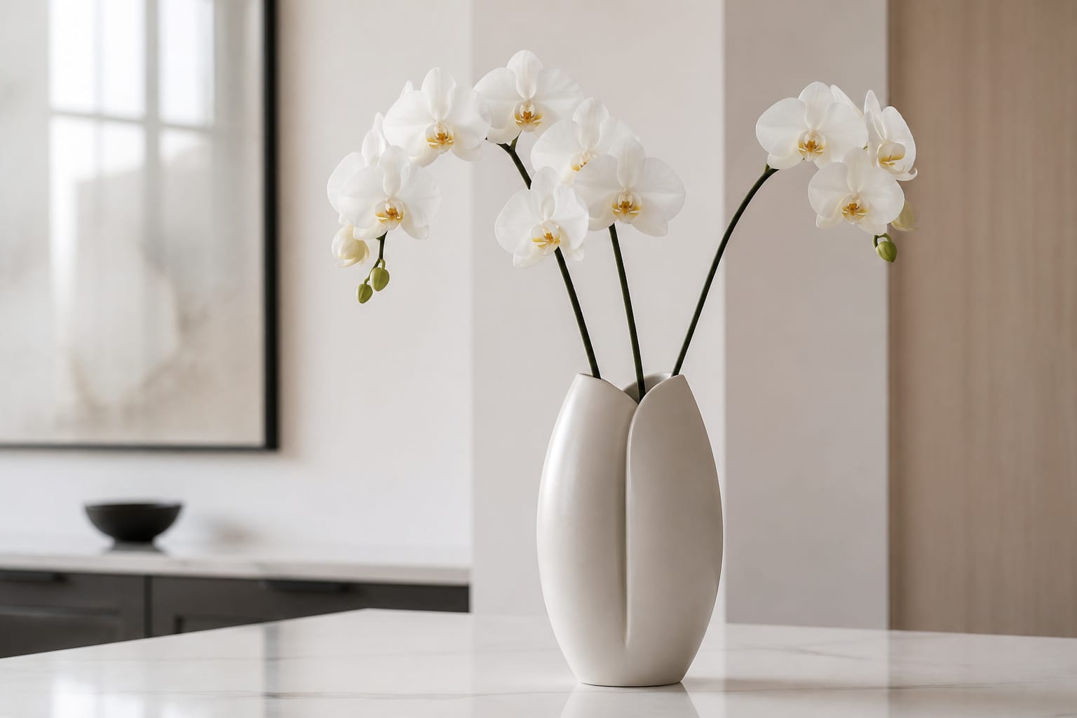 Simple contemporary vase styled with a few orchid stems