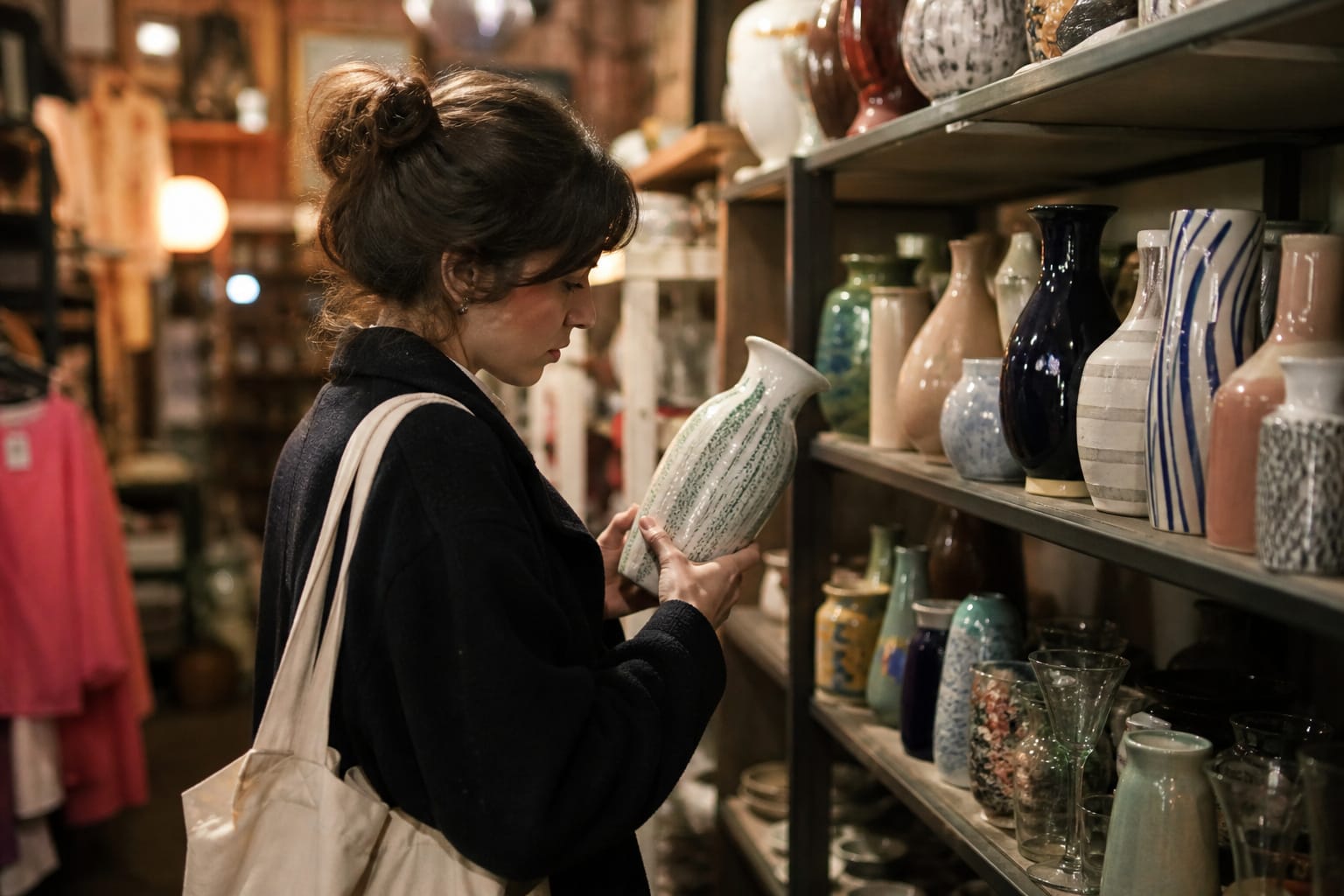 Browsing one-of-a-kind vases at a vintage shop