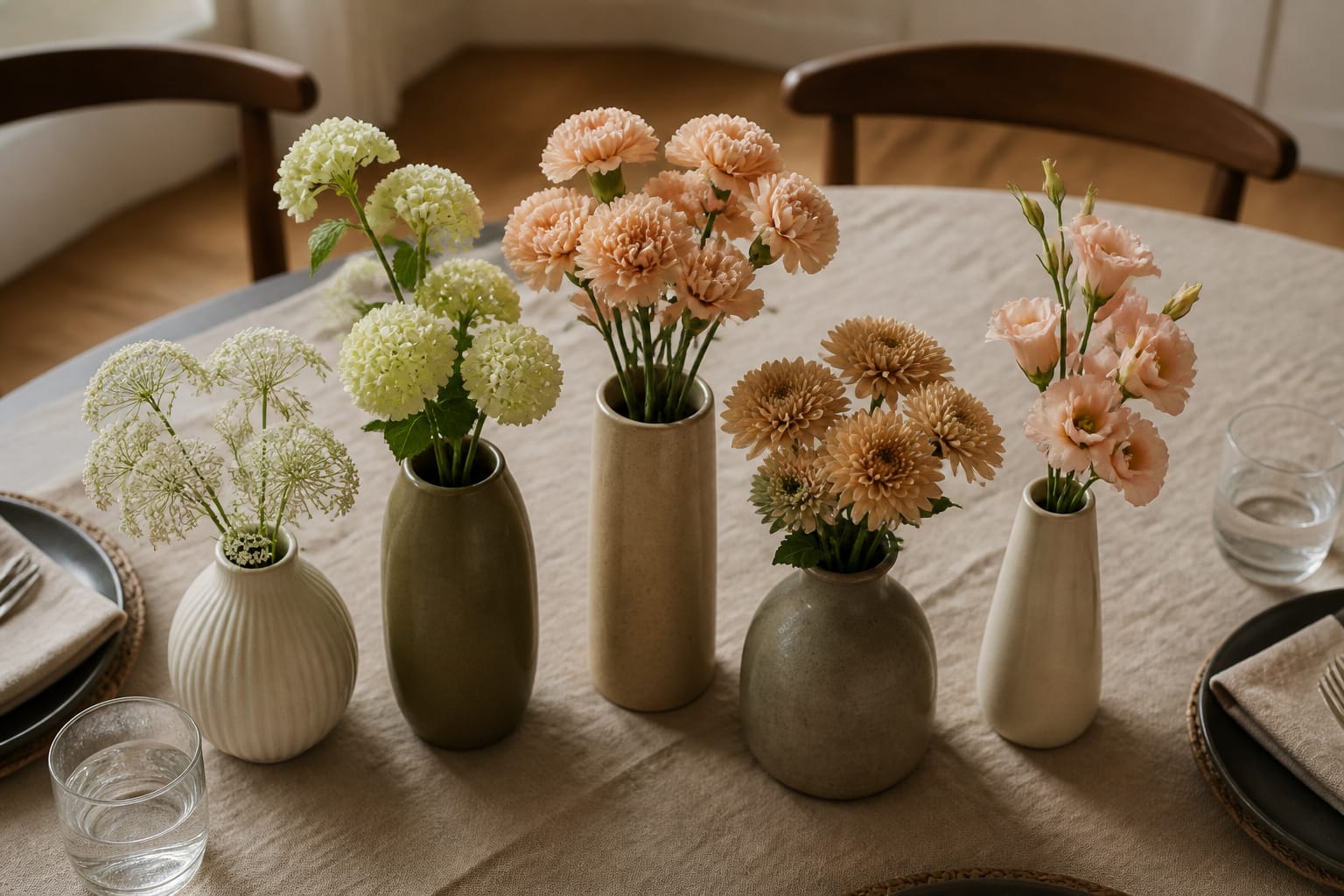 Grouped contemporary vases arranged as a tablescape centerpiece