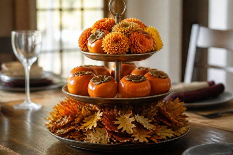 Finished three-tier fall floral centerpiece with preserved foliage, persimmons, and mums