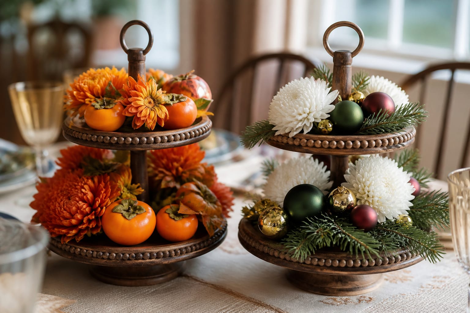 Fall and Christmas versions of the same tiered floral centerpiece side by side