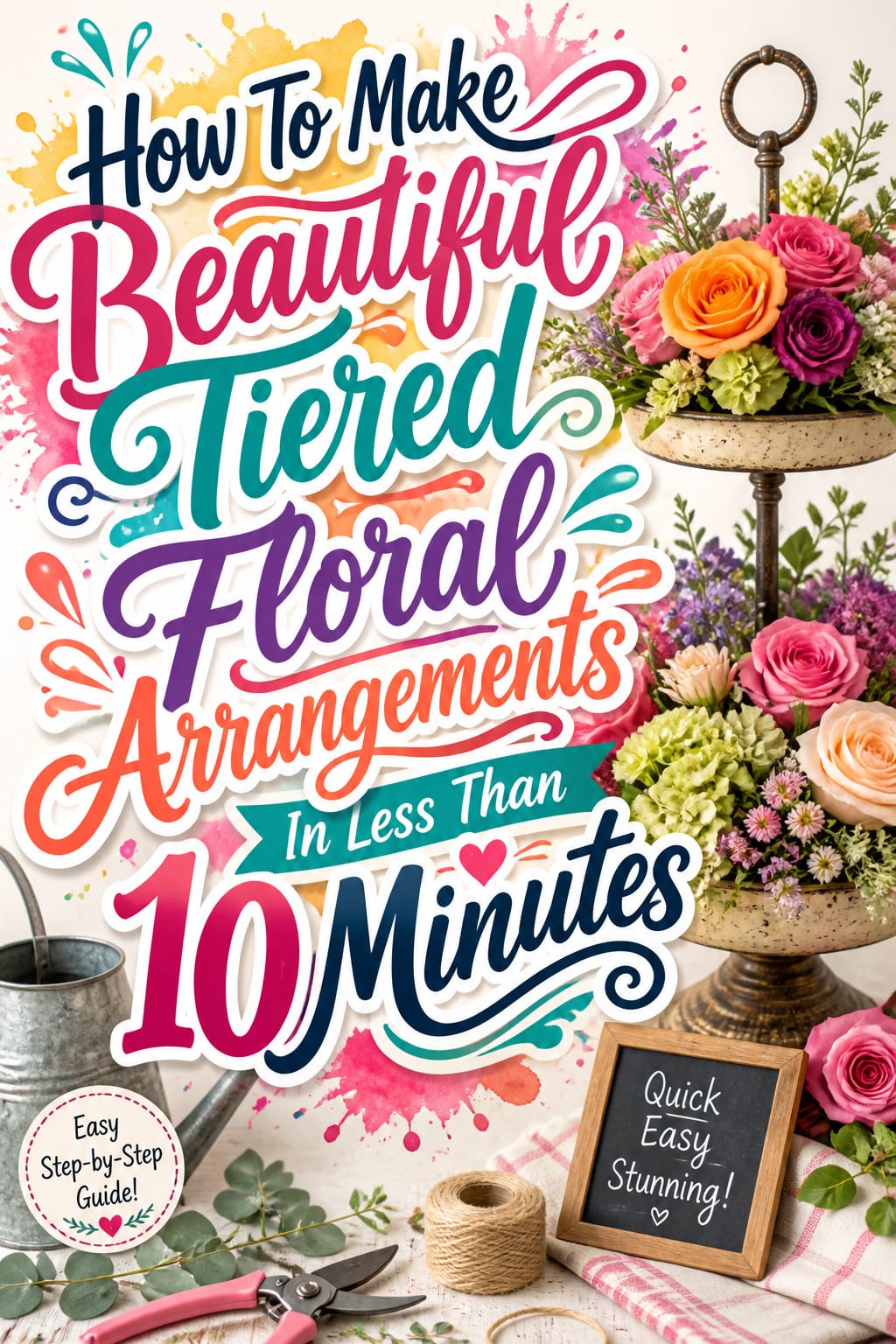 Pinterest pin for a 10-minute tiered floral arrangement