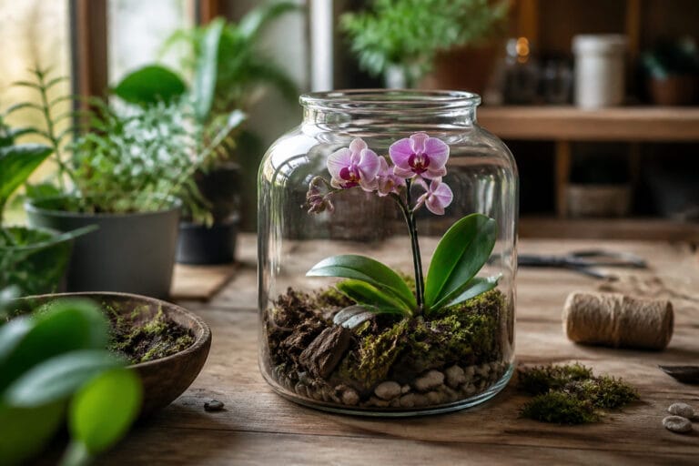 Mini orchid terrarium in a glass jar with orchid bark and moss
