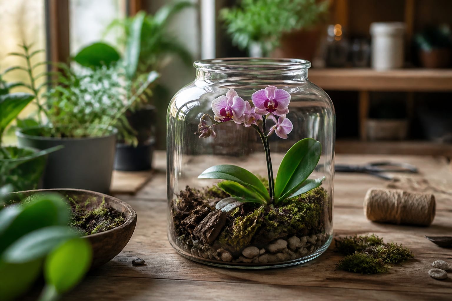 Mini orchid terrarium in a glass jar with orchid bark and moss