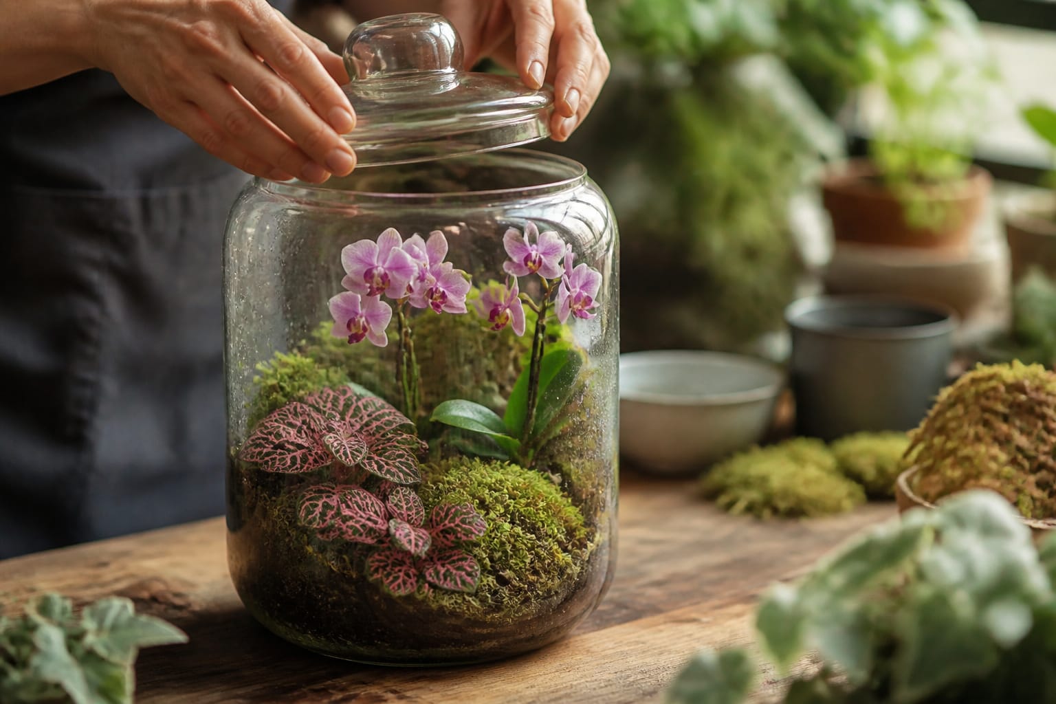 Lidded orchid terrarium jar with condensation and fittonia foliage