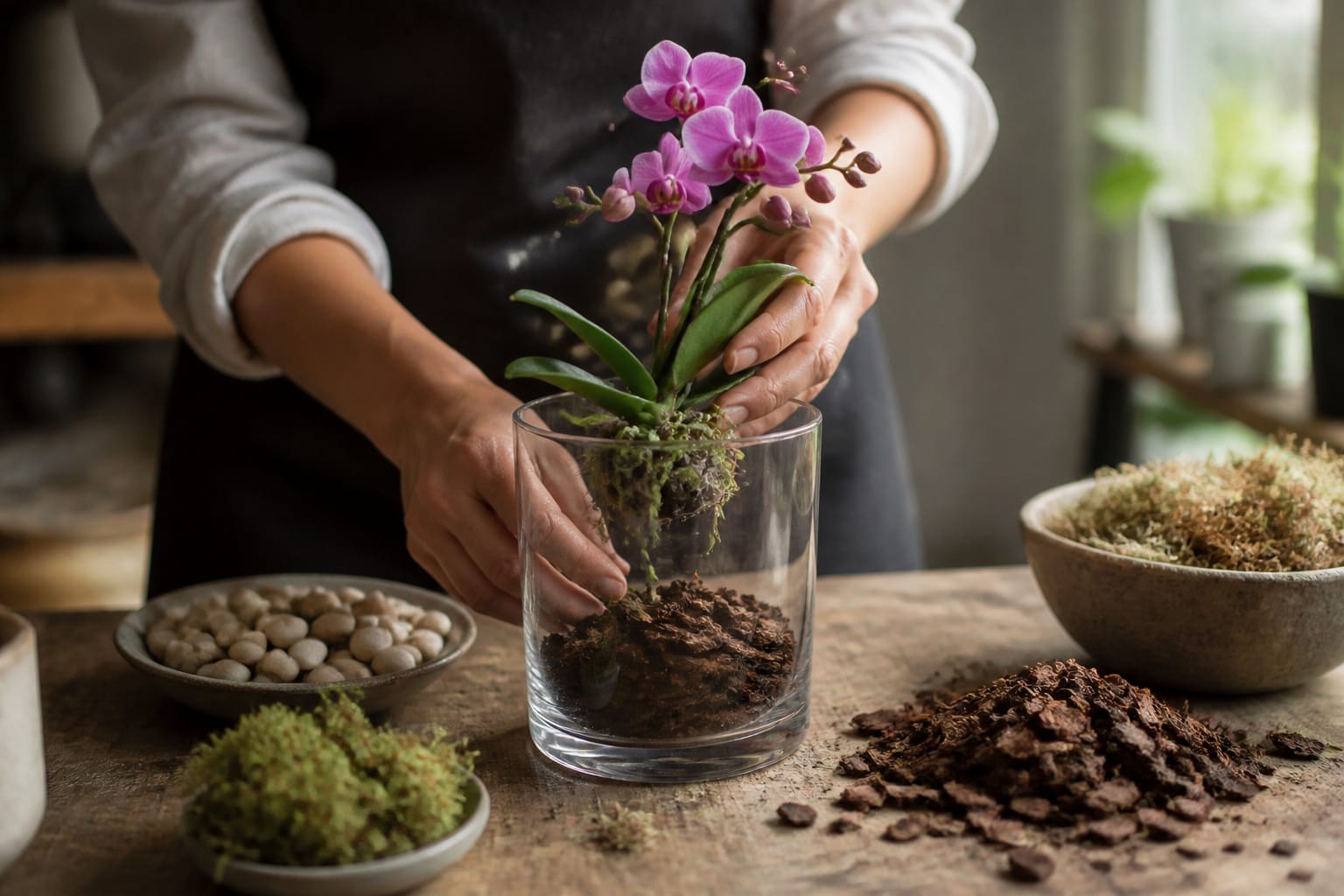 Layering orchid bark into a glass terrarium container
