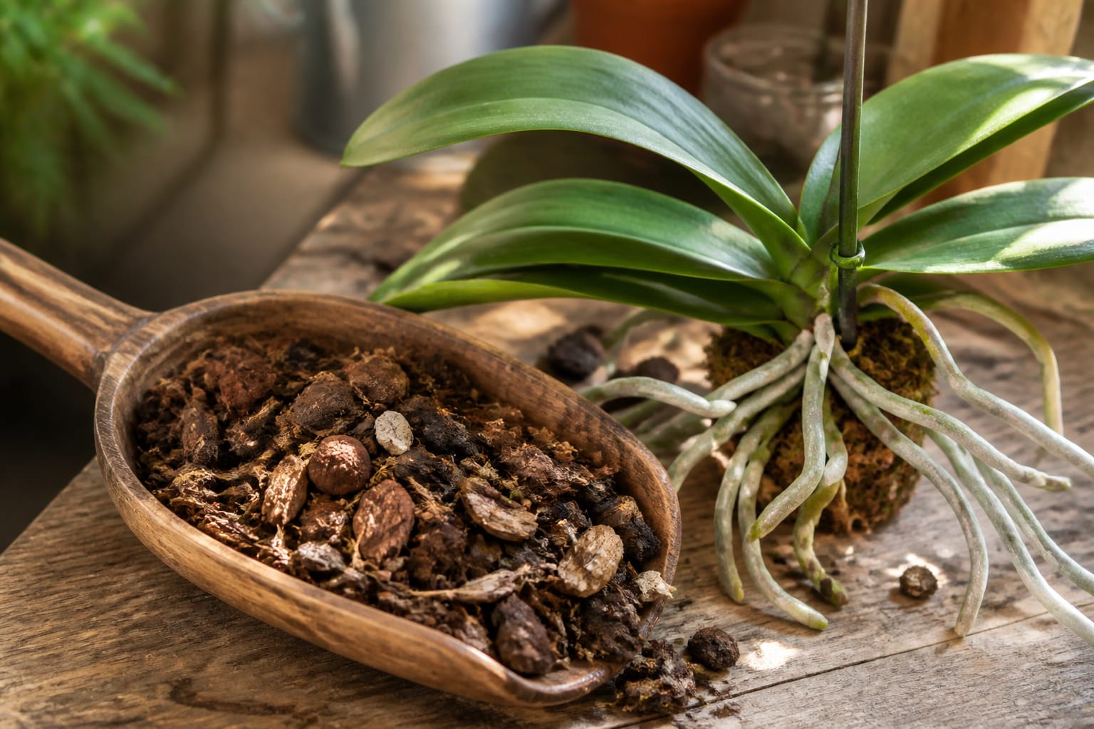 Orchid bark mix and exposed aerial roots on a mini orchid