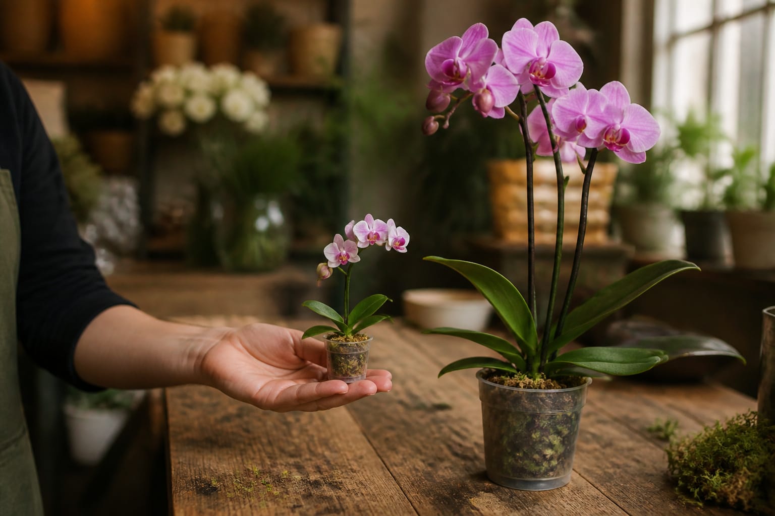 Florist comparing a mini orchid to a standard orchid