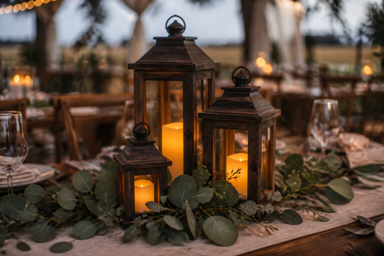 Cluster of rustic wooden lanterns with eucalyptus glowing on a wedding reception table