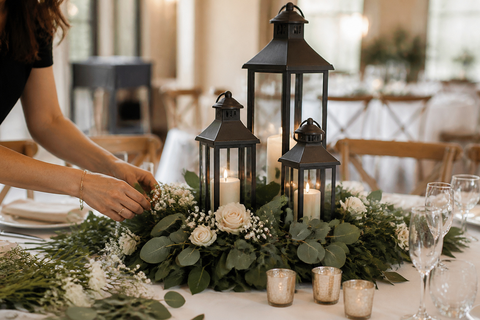 Lantern centerpiece built in layers with a greenery base, lanterns and small blooms
