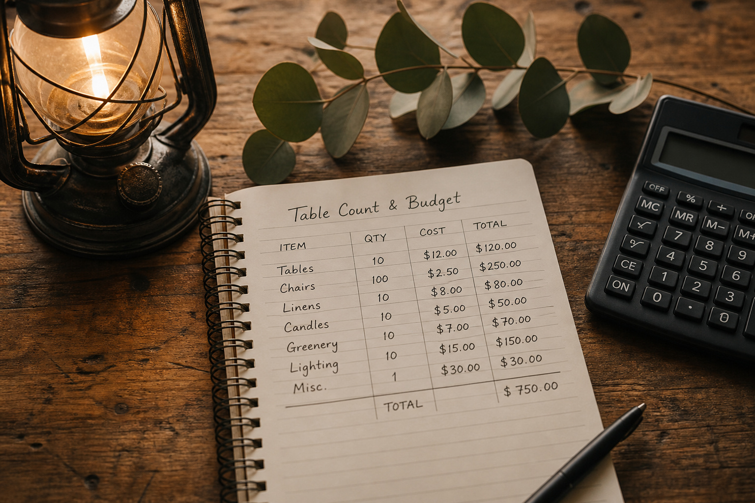 Notebook with table count and budget beside a lantern and eucalyptus sprig