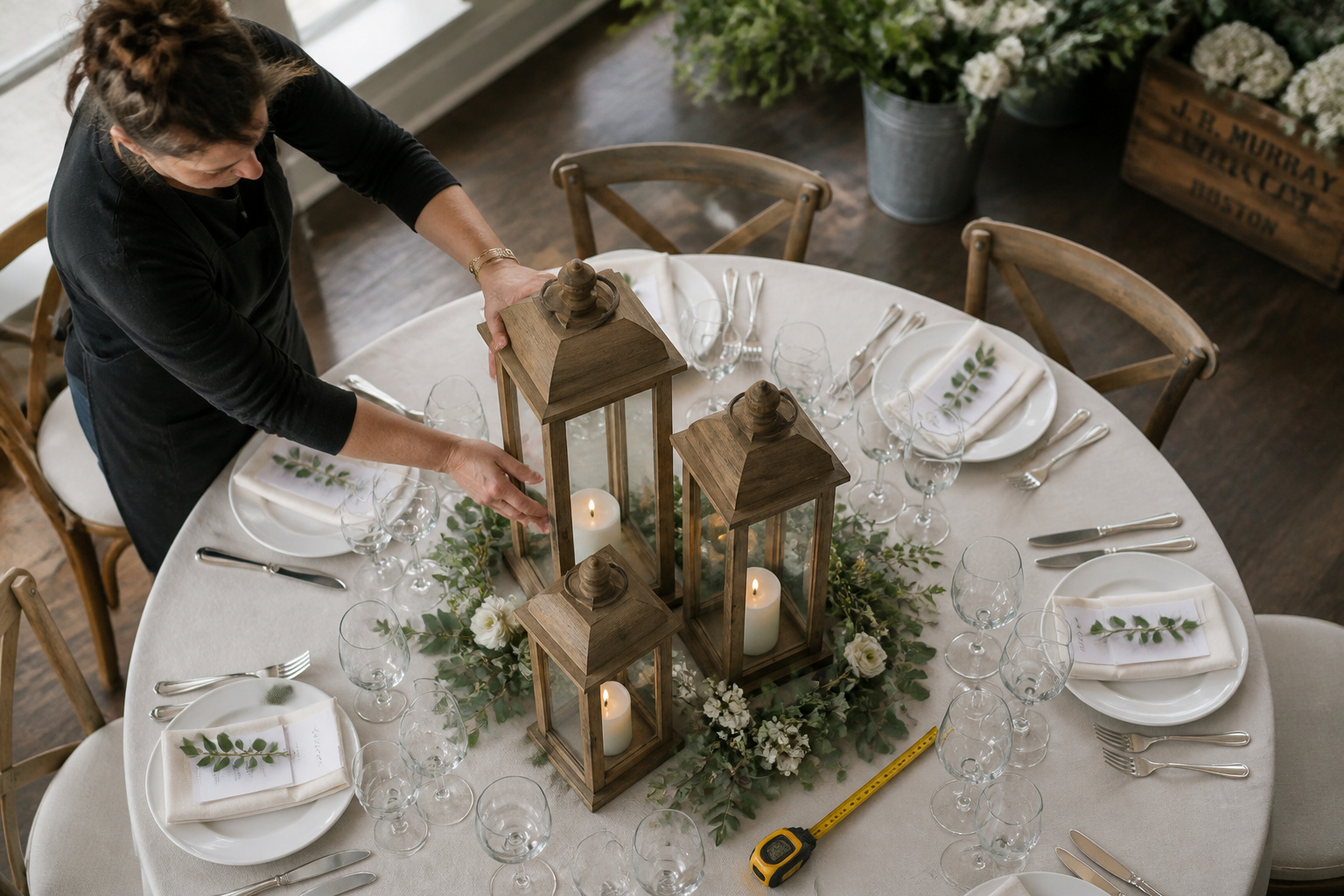 Florist arranging a cluster of lanterns of different heights on a round wedding table