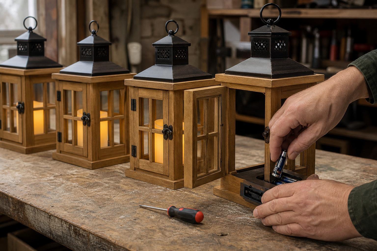 Row of lanterns with flameless candles being tested and batteries replaced on a workbench