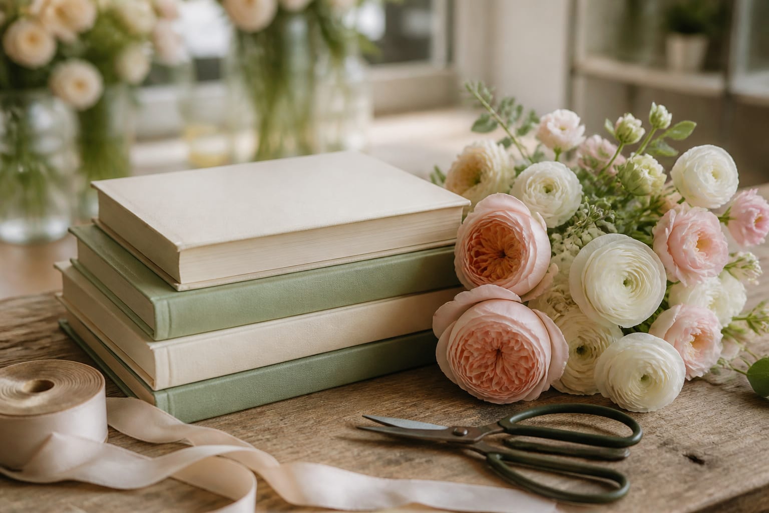 Stack of wedding planning books beside a blush and white bouquet on a florist's worktable