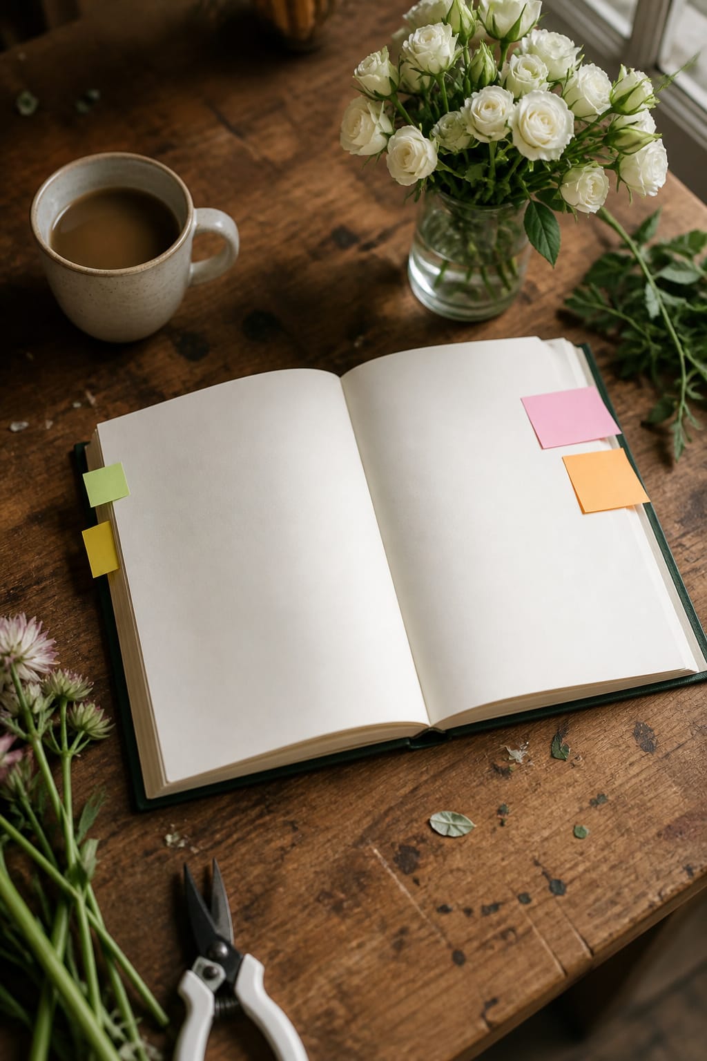 Open wedding planning book with sticky notes on a florist's wooden worktable