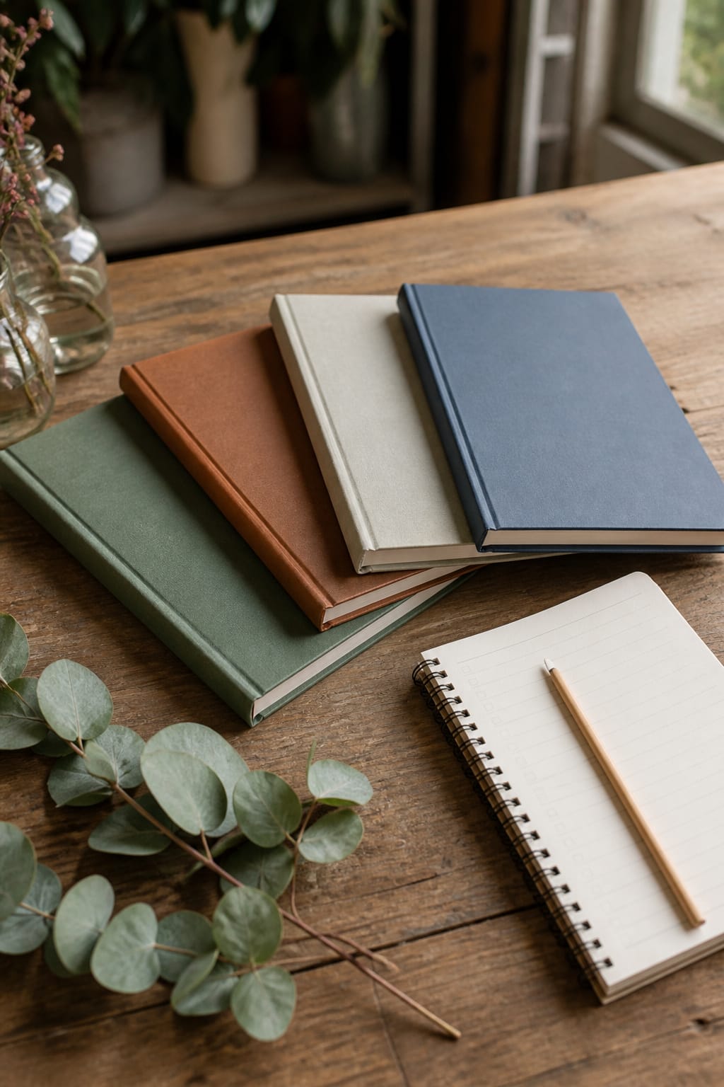 Several wedding planning books fanned out next to a planner notebook and pencil