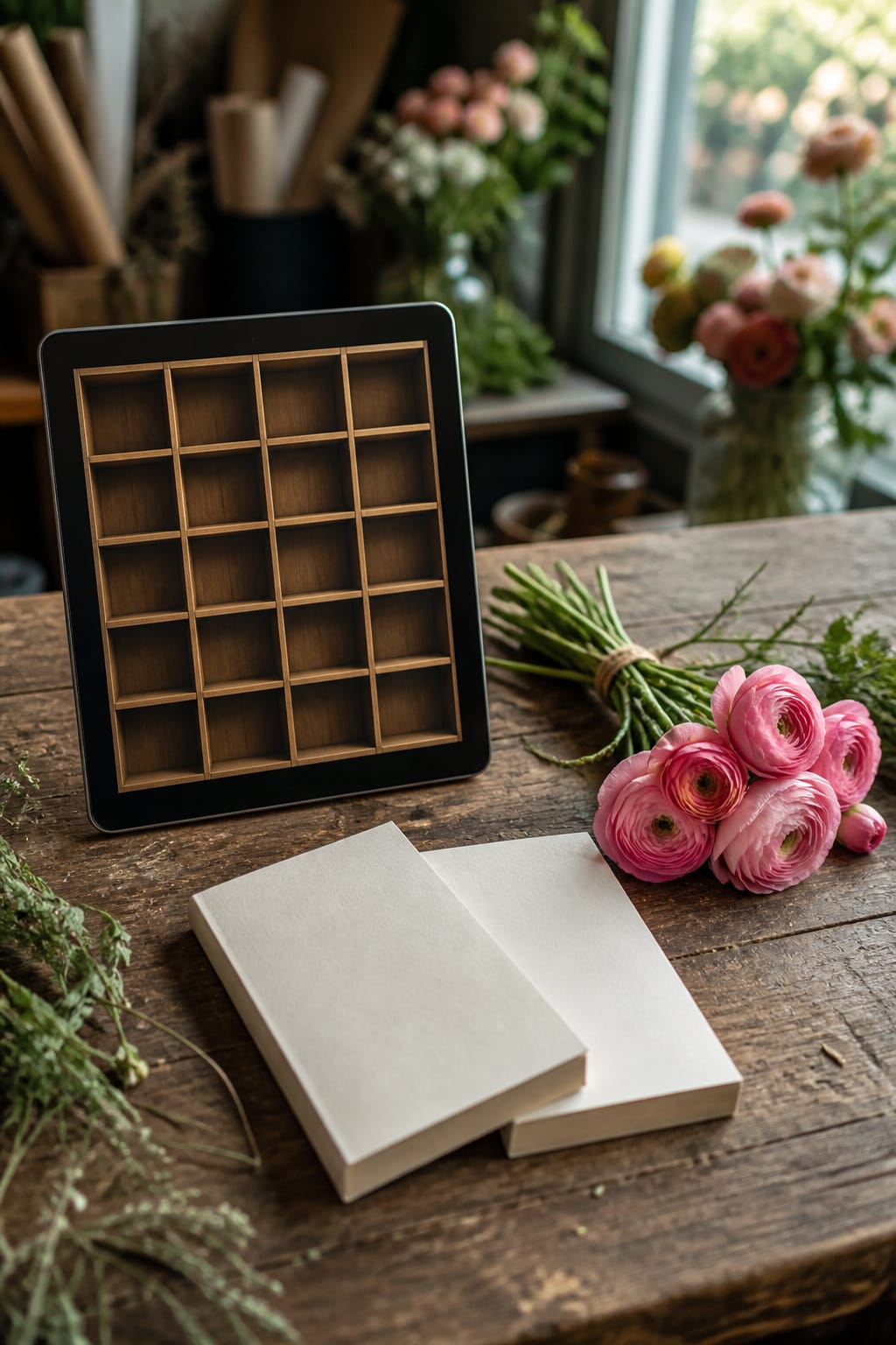 Tablet and paperback wedding books on a florist's worktable with a small bouquet