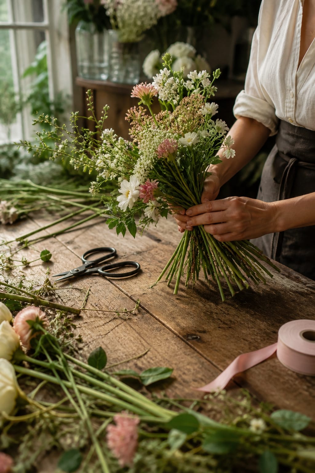 Florist's hands practicing a hand-tied bouquet at the design bench