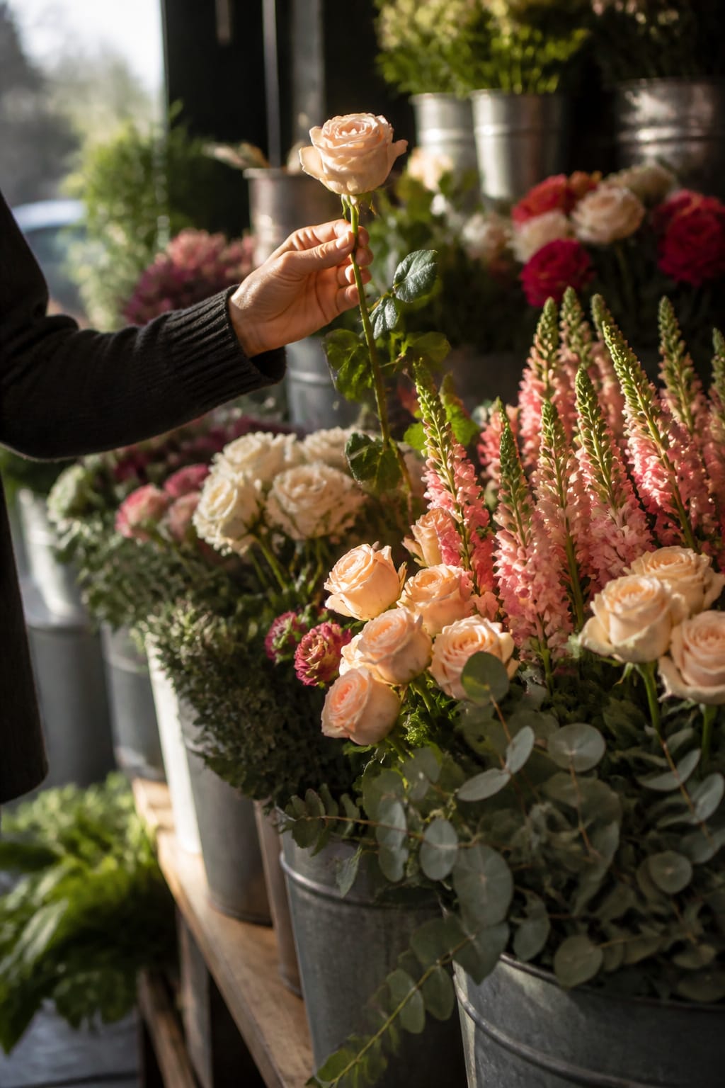 Buckets of fresh wholesale flowers lined up at a flower market stall