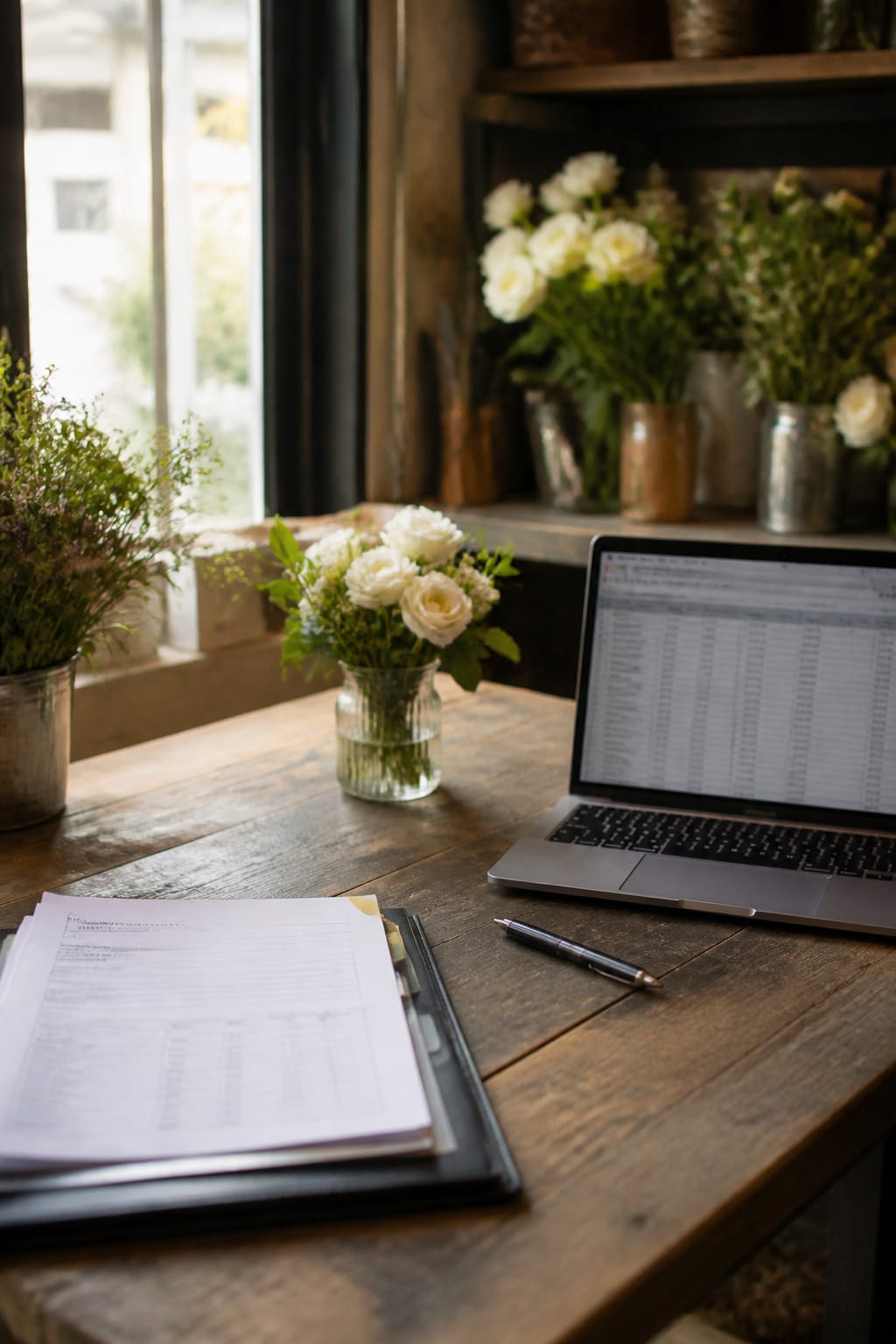 Desk with business paperwork, a laptop, and a small vase of flowers
