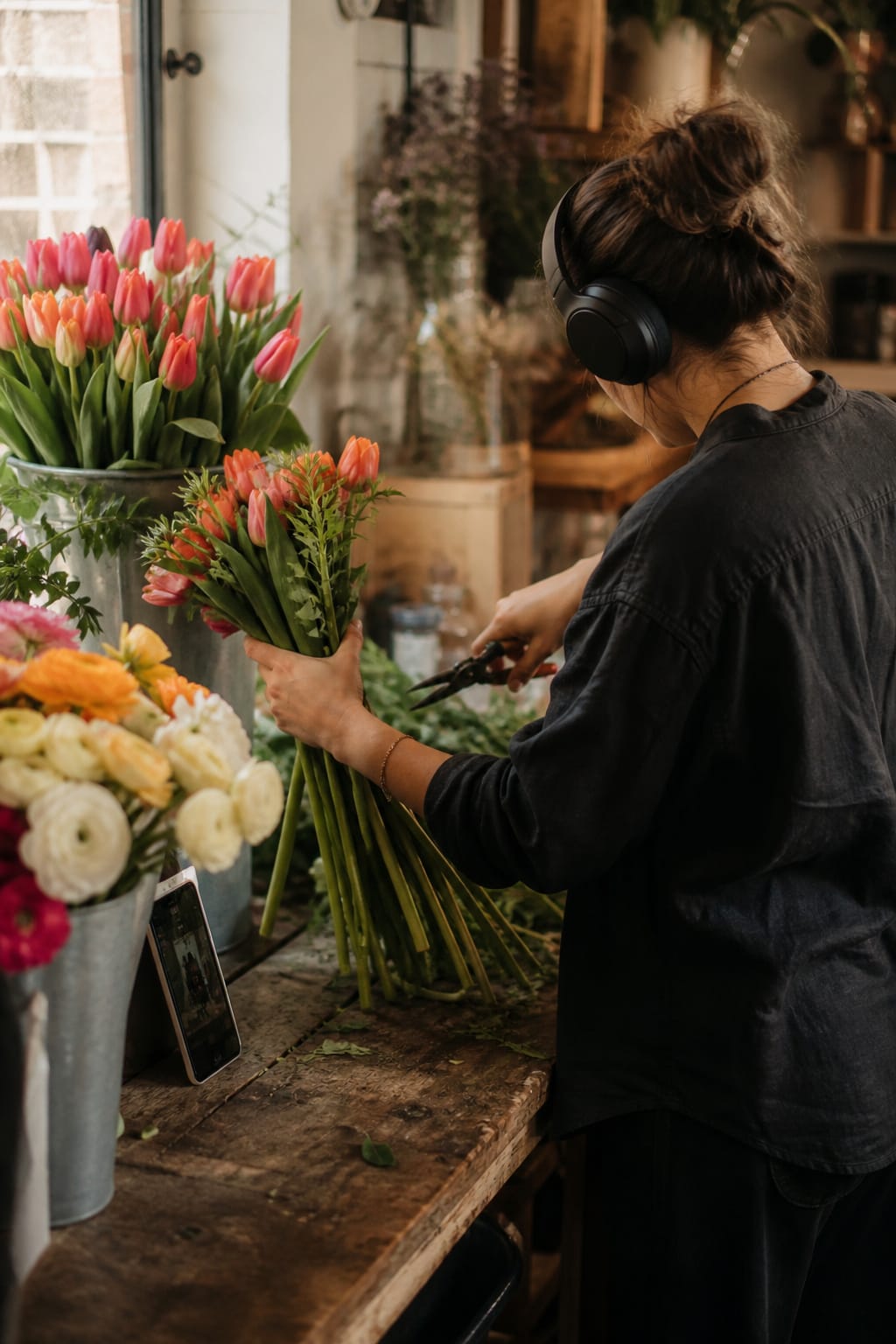 Florist wearing headphones while conditioning flower stems at the bench