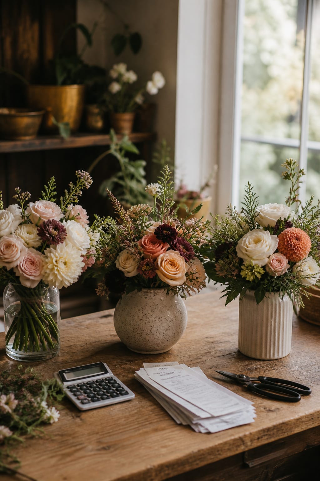 Finished flower arrangements lined up on a counter next to a calculator and receipts