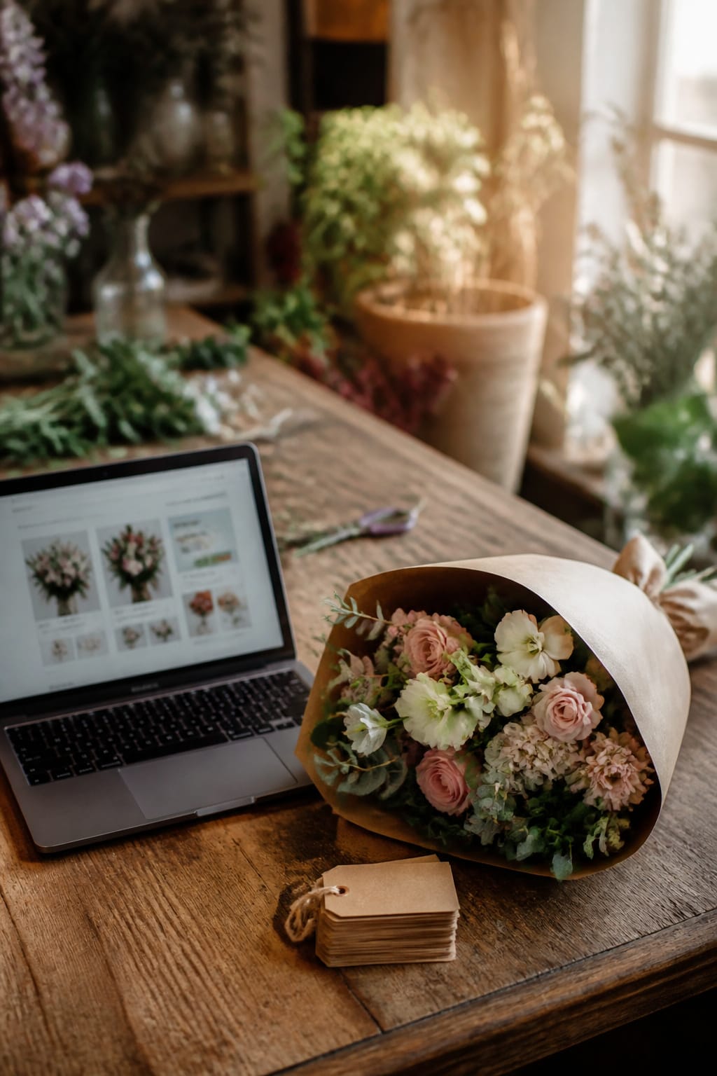 Laptop showing an online flower order page next to a finished bouquet on a desk