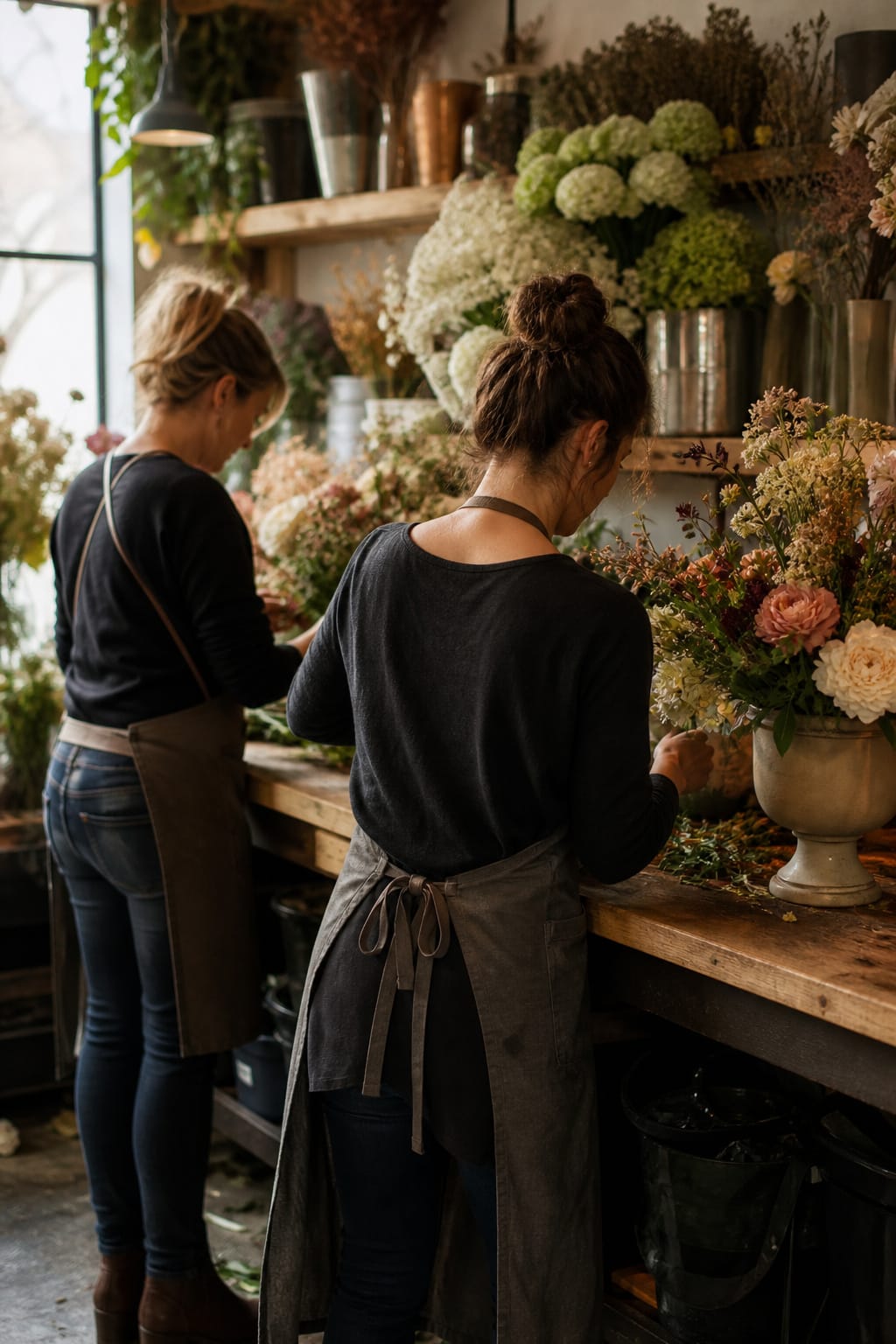 Two florists working side by side at a larger design bench