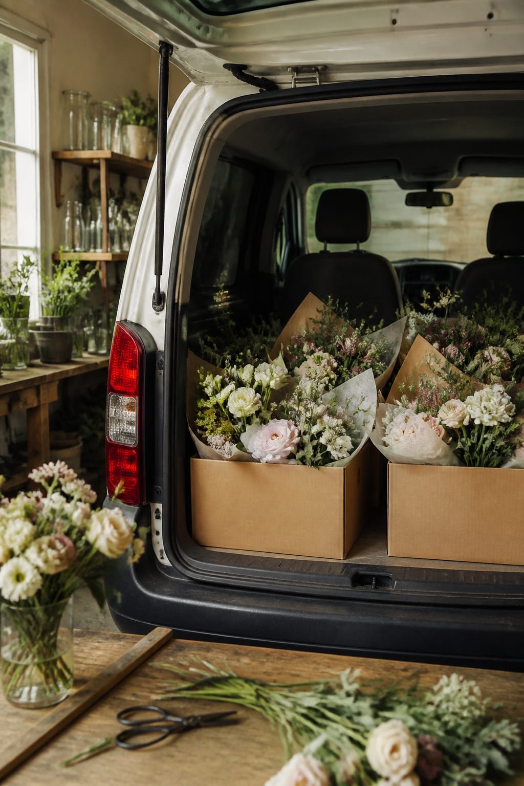 Boxed flower arrangements secured in the back of a delivery van next to organized workshop shelves