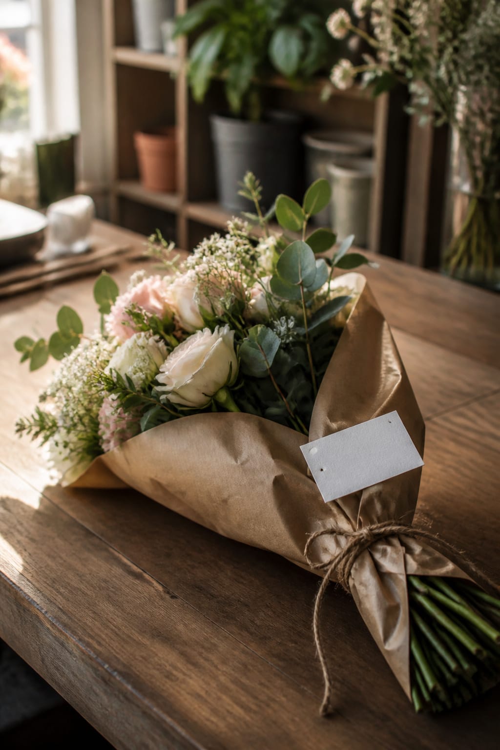 Wrapped bouquet with a handwritten thank-you note on a wooden counter