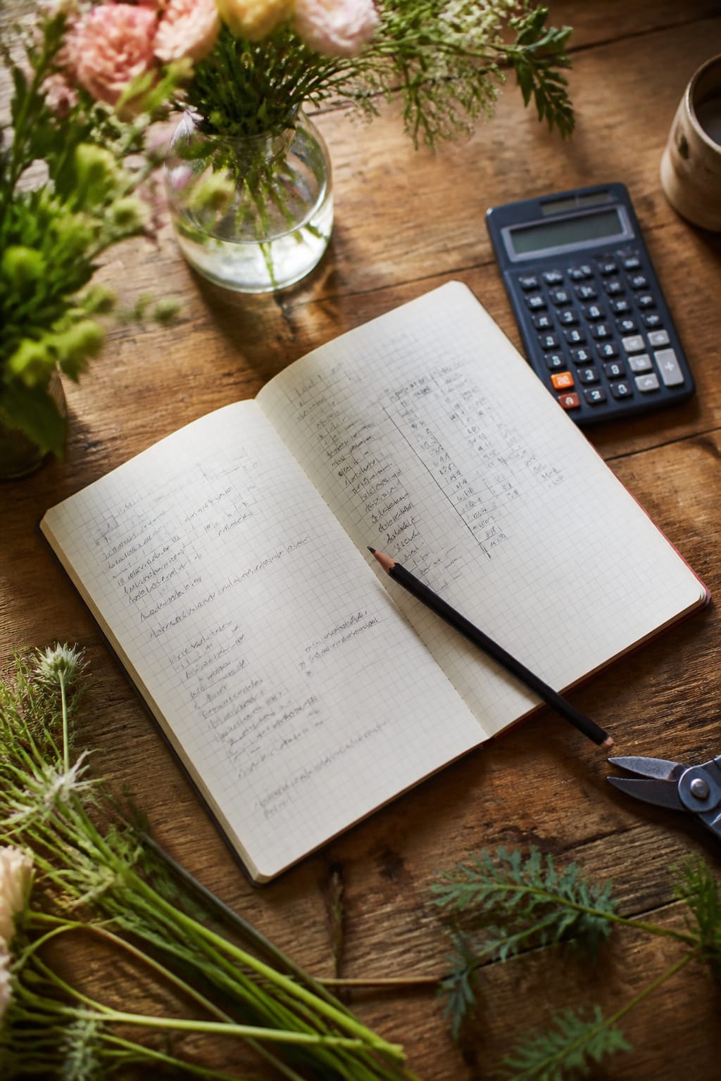 Handwritten floral business plan notebook beside a pencil and a small bouquet on a wooden table
