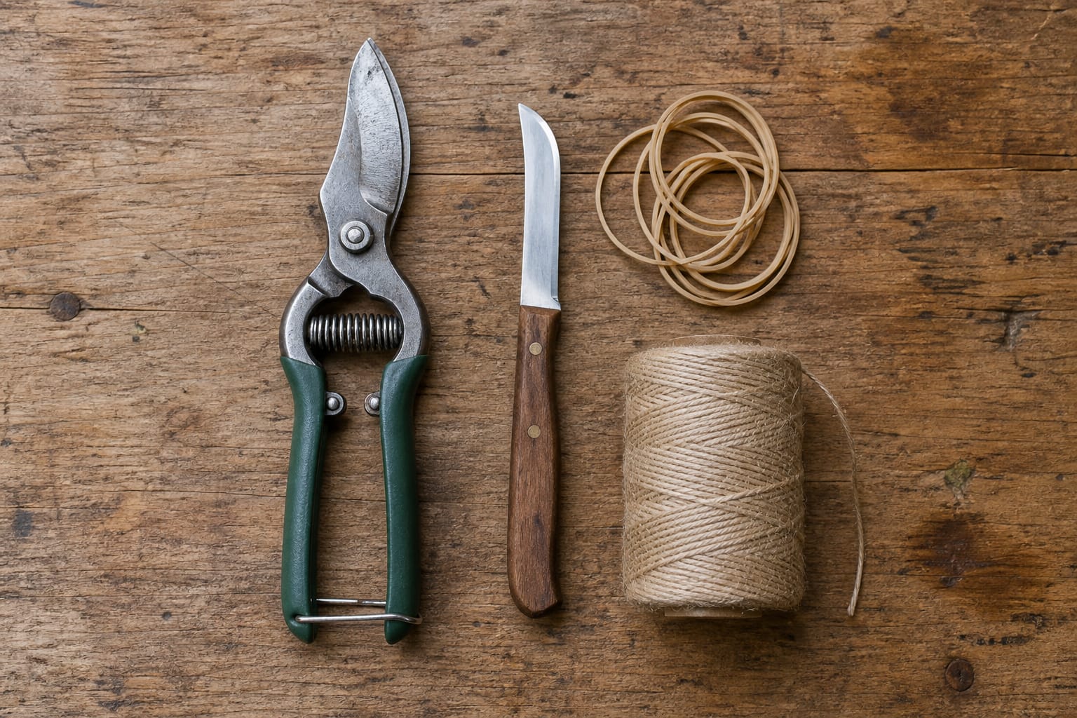 Floral shears, knife, rubber bands and twine laid out on a florist's bench