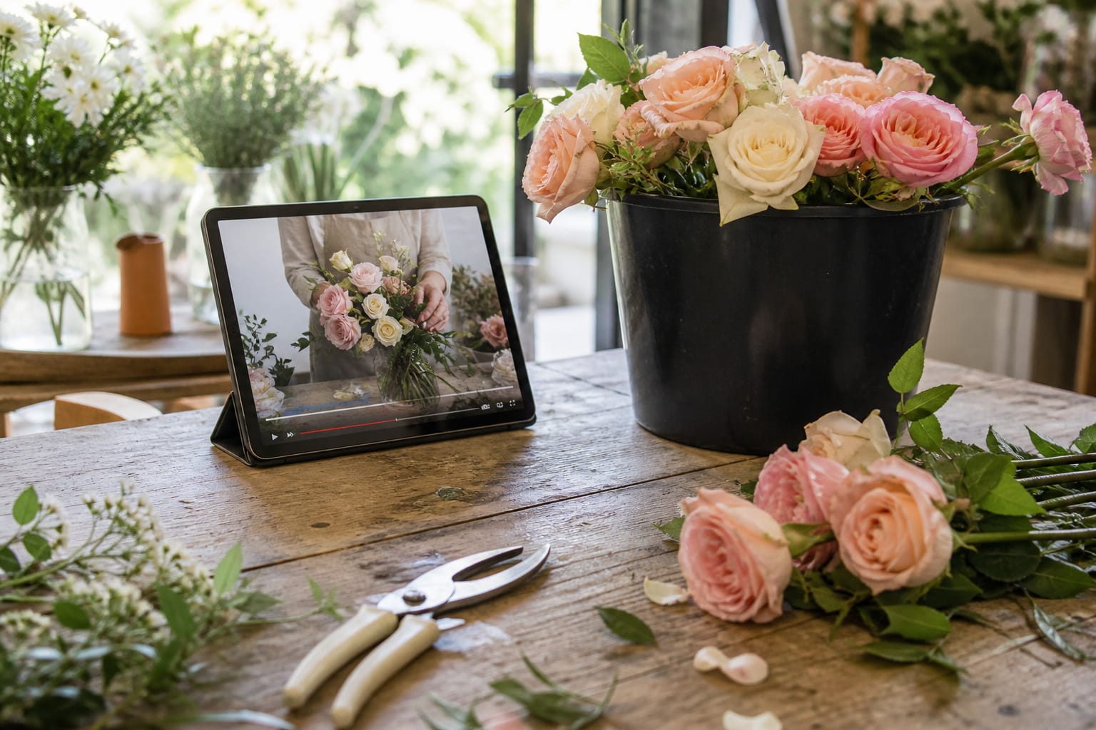 Tablet playing a bouquet tutorial next to fresh roses on a florist's worktable