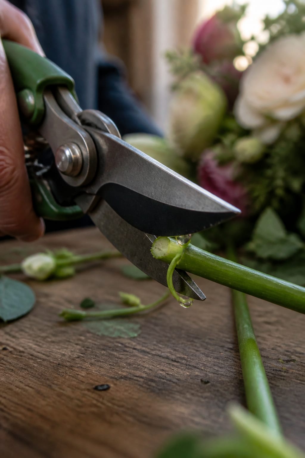 Close-up of a sharp coated steel pruning blade slicing through a green stem