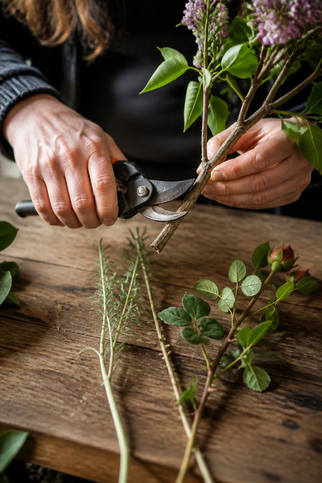Pruning shears clamped around a woody lilac branch next to thin flower stems
