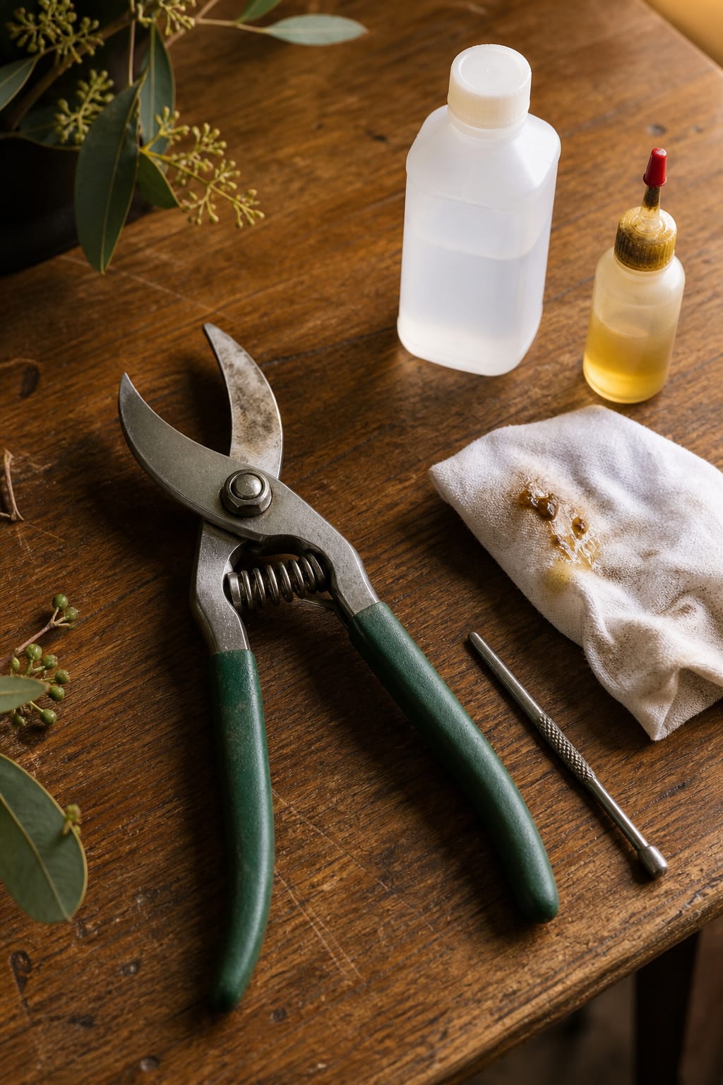Pruning shears being wiped with a rag and rubbing alcohol next to a small diamond file