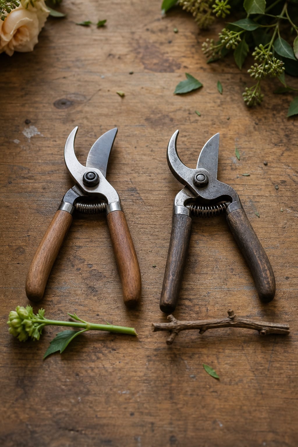Bypass pruning shears and anvil pruners side by side on a wooden workbench
