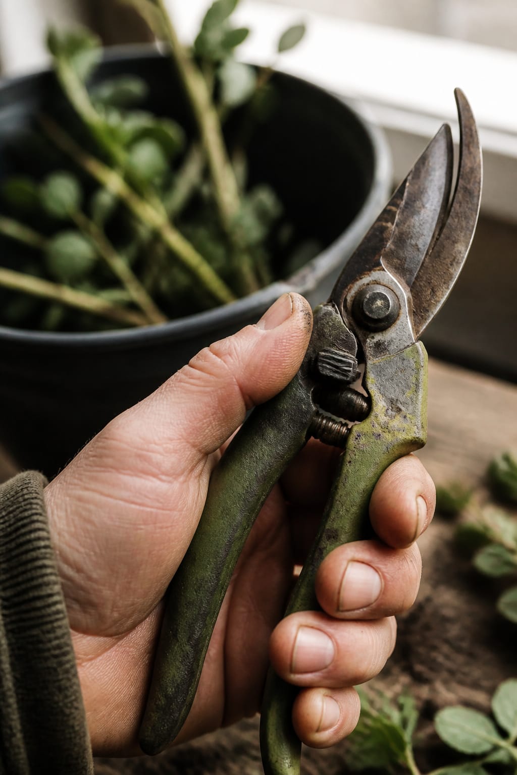 Hand gripping the non-slip handles of a pair of pruning shears